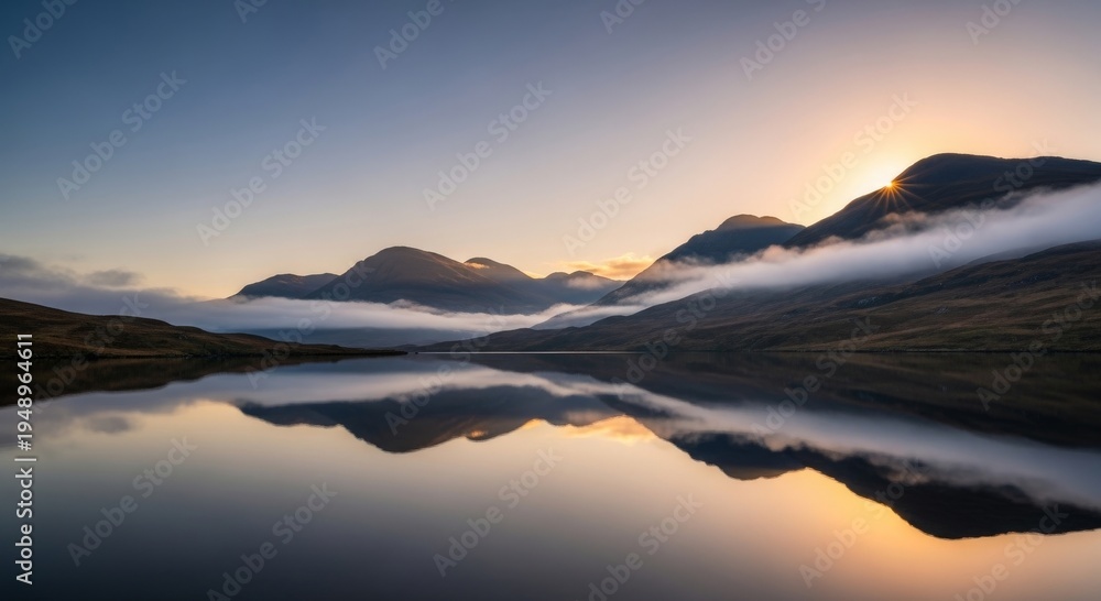 Fototapeta premium Misty Scottish Highlands Mountains Reflected in Calm Lake at Sunrise