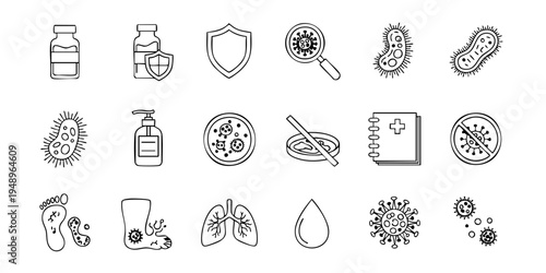 Medical icons depicting various health and hygiene symbols are shown.