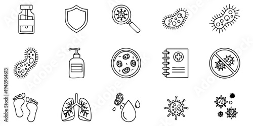 Medical icons depict various health and hygiene symbols on a white background.