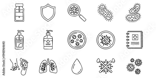 Medical illustration shows various germs and hygiene icons in a detailed graphic.
