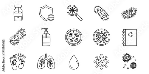 Medical icons illustrating various germs and health-related symbols on white background