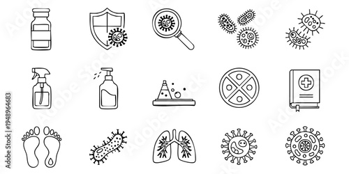 Medical icons depict various bacteria and virus symbols with hygiene products and human body parts