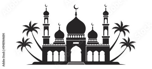 Black and white of a mosque with domes minarets and palm trees islamic architecture