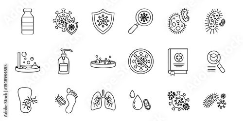 Medical icons illustrate various health and hygiene products and biological concepts.