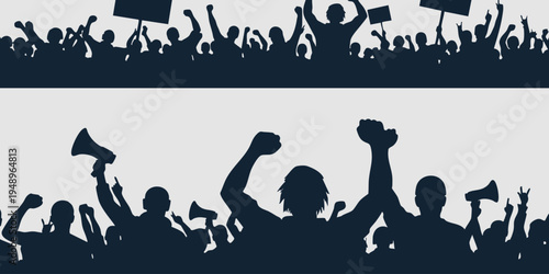 A group of people protesting with raised fists and megaphones in a crowd.