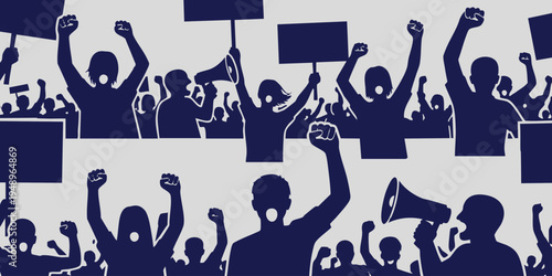 People protesting loudly with fists raised and signs in city