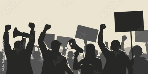 Protesters raise fists and signs in a crowd demonstration scene outside.