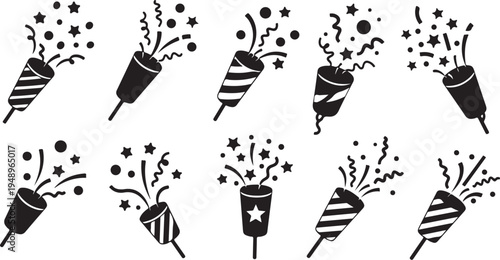 Black and white fireworks illustrations on white background