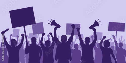 Protesters hold signs and megaphones in a demonstration downtown