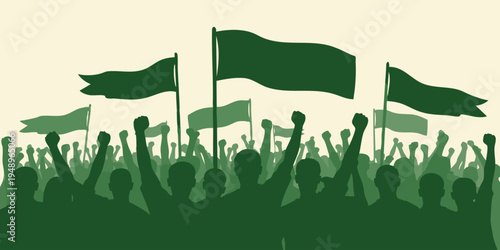 A crowd of people protesting with green flags waving and fists raised high in the air.