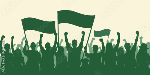 People celebrate with flags waving and fists raised in protest or solidarity.