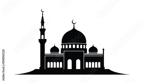 Black and white silhouette of a mosque with domes and minarets 1