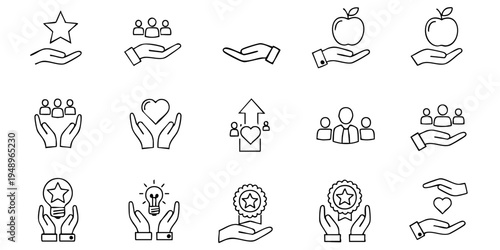 A collection of line icons depicting various social issues and supportive actions.