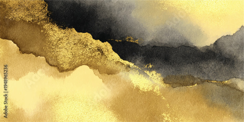 An artistic watercolor painting in hues of black and gold showcases the abstract elegance of modern art.