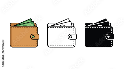 Leather wallets with paper currency inside displayed in colored, outline and solid variations positioned neatly on a plain white background for reference
