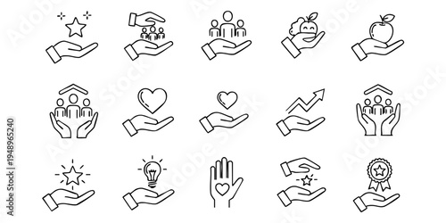 Hands offering various symbolic objects and people in a supportive environment