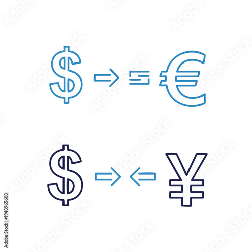 Graphic illustration of currency exchange rates with dollar sign converting to euro and yen symbols on white background.