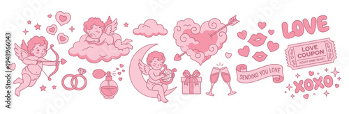 Cupid cherubs with arrows and love coupons, hearts and romantic objects for valentines day celebration on a white background for holiday greeting cards