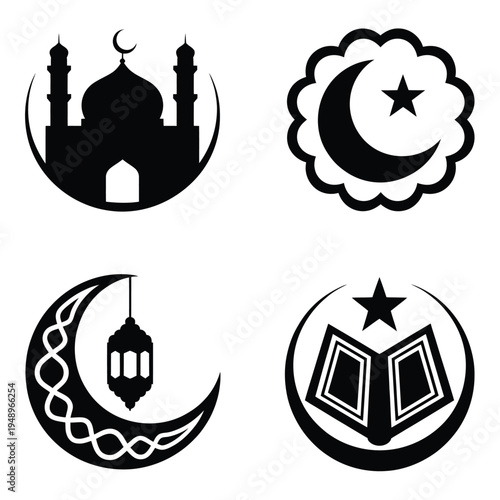 Four black and white representing islamic symbols and architecture mosque crescent 1