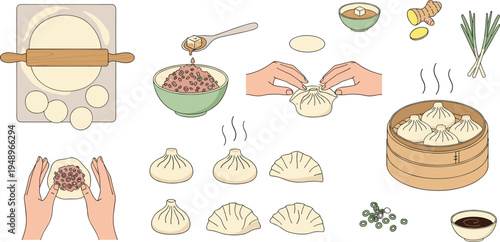 Hand drawn dumpling making process vector set showing ingredients preparation folding steaming dim sum cooking steps traditional Asian food recipe illustration isolated on white background