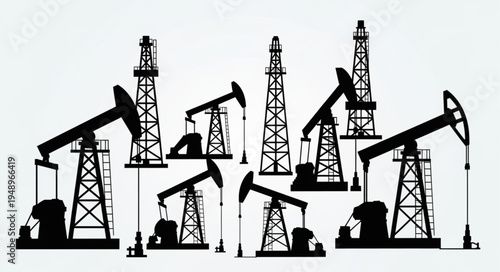 Silhouette of Oil Pumps Extracting Resources, Industrial Landscape.