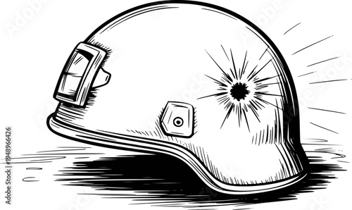 Black and white of a damaged military helmet with a bullet hole and radiating lines