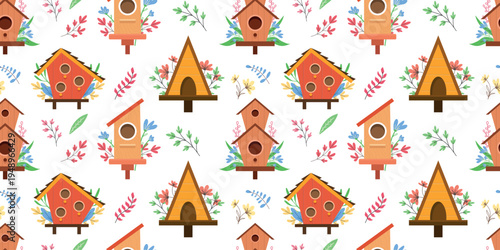 Seamless pattern with colorful birdhouses surrounded by flowers leaves and branches  on light background