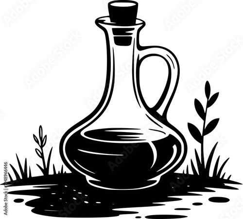 Black and white of a glass bottle with cork and dark liquid surrounded by grass and leaves