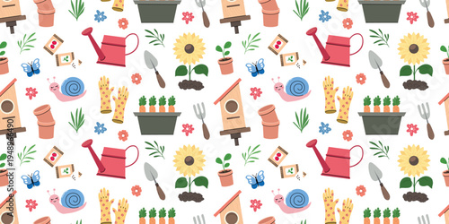 Seamless gardening pattern with watering can sunflower carrots potted plants gloves trowel fork seed packets birdhouse butterfly and snail