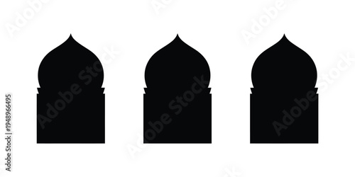 Three black silhouette domes with pointed tops and finial decorations on flat bases architecture