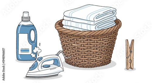 Laundry day essentials with freshly folded clothes and ironing tools ready.