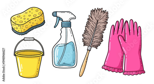 Essential cleaning tools and supplies arranged neatly for household chores