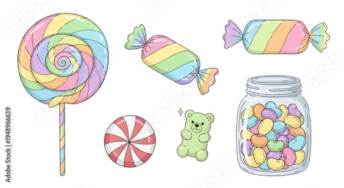 Colorful assortment of whimsical candy and treats in a playful illustration