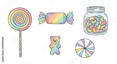 Colorful assortment of whimsical candies and treats in a playful illustration