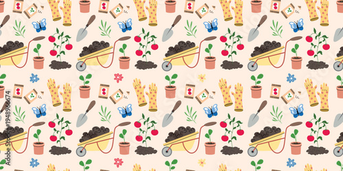 Seamless gardening pattern with tomato plants wheelbarrow soil gloves trowel seed packets potted seedlings butterfly flowers and leaves