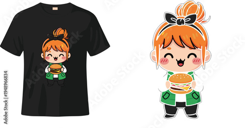 Cute chibi girl character with orange hair holding a large hamburger burger in a flat vector style for tshirt design and stickers.