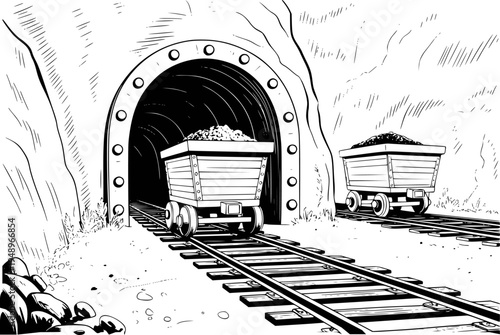 Black and white of coal mine carts railway tracks entering a tunnel