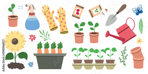 Cute gardening elements set with plants tools sunflower vegetables and watering can