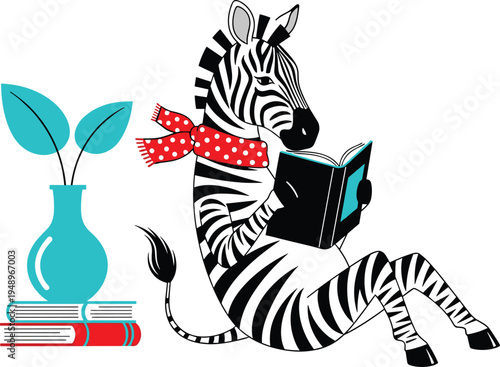 Cute zebra character wearing a red scarf reading a book next to a plant vase in a flat vector illustration style.