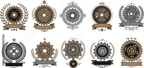 Vintage gear badge emblems vector set mechanical cog logos with ribbons laurel wreath industrial engineering labels illustration collection isolated background