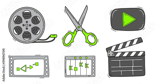 Creative icons representing video editing and film production tools