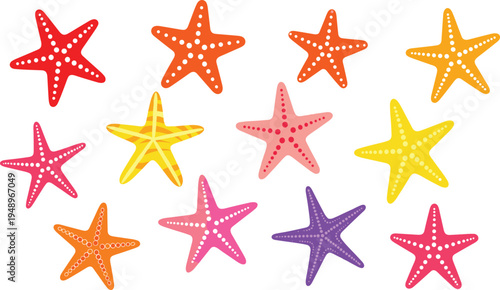 Colorful starfish vector collection featuring various sea star shapes and patterns in warm summer tones for beach themed designs.