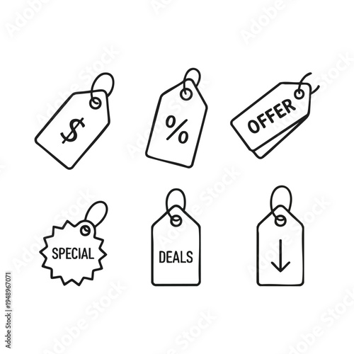 Line art illustration of six discount tags with various symbols and text on a white background.