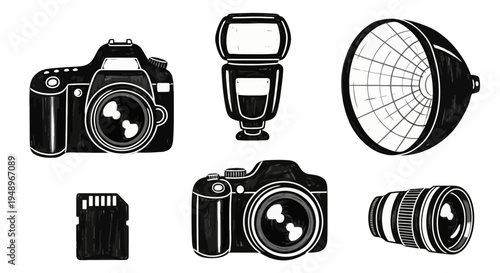 Assorted photography equipment and accessories in a minimalist black and white design
