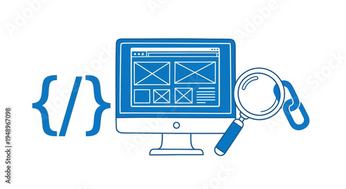 Analyzing code on a computer screen with a magnifying glass and network connection