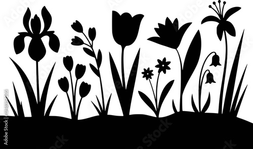 Black silhouette of diverse spring flowers and foliage against a white background