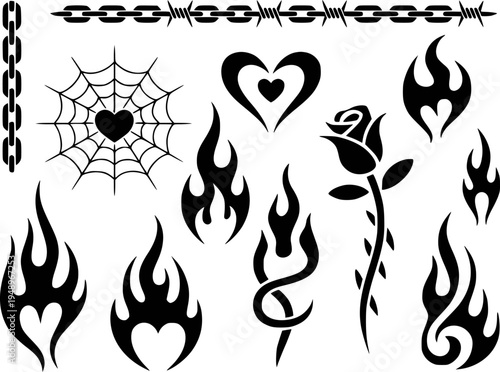 Black Tribal Flame Heart Rose Spiderweb Chain Tattoo Stencil fire
