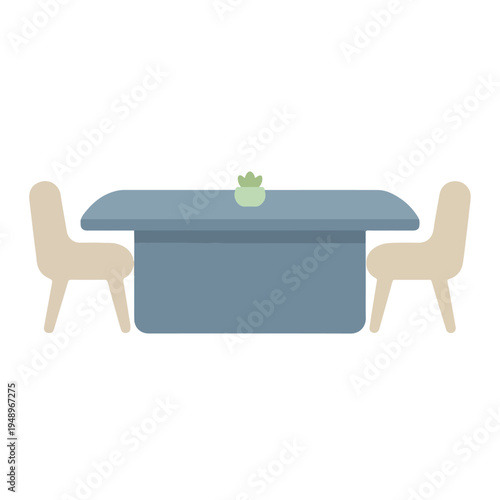 A simple, flat design illustration of a blue dining table flanked by two beige chairs, featuring a small green potted plant as a centerpiece.
