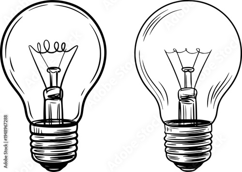 Hand drawn incandescent light bulbs side by side with clear glass and visible filaments
