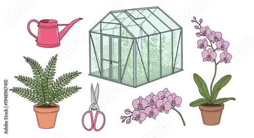 Gardening essentials and indoor plant care setup with orchids and tools